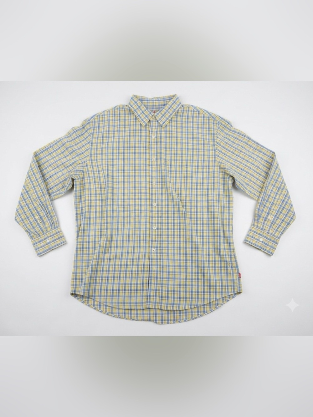 IZOD Light Weight Poplin Shirt Men's XL Yellow Blue Plaid Long Sleeve Button Up